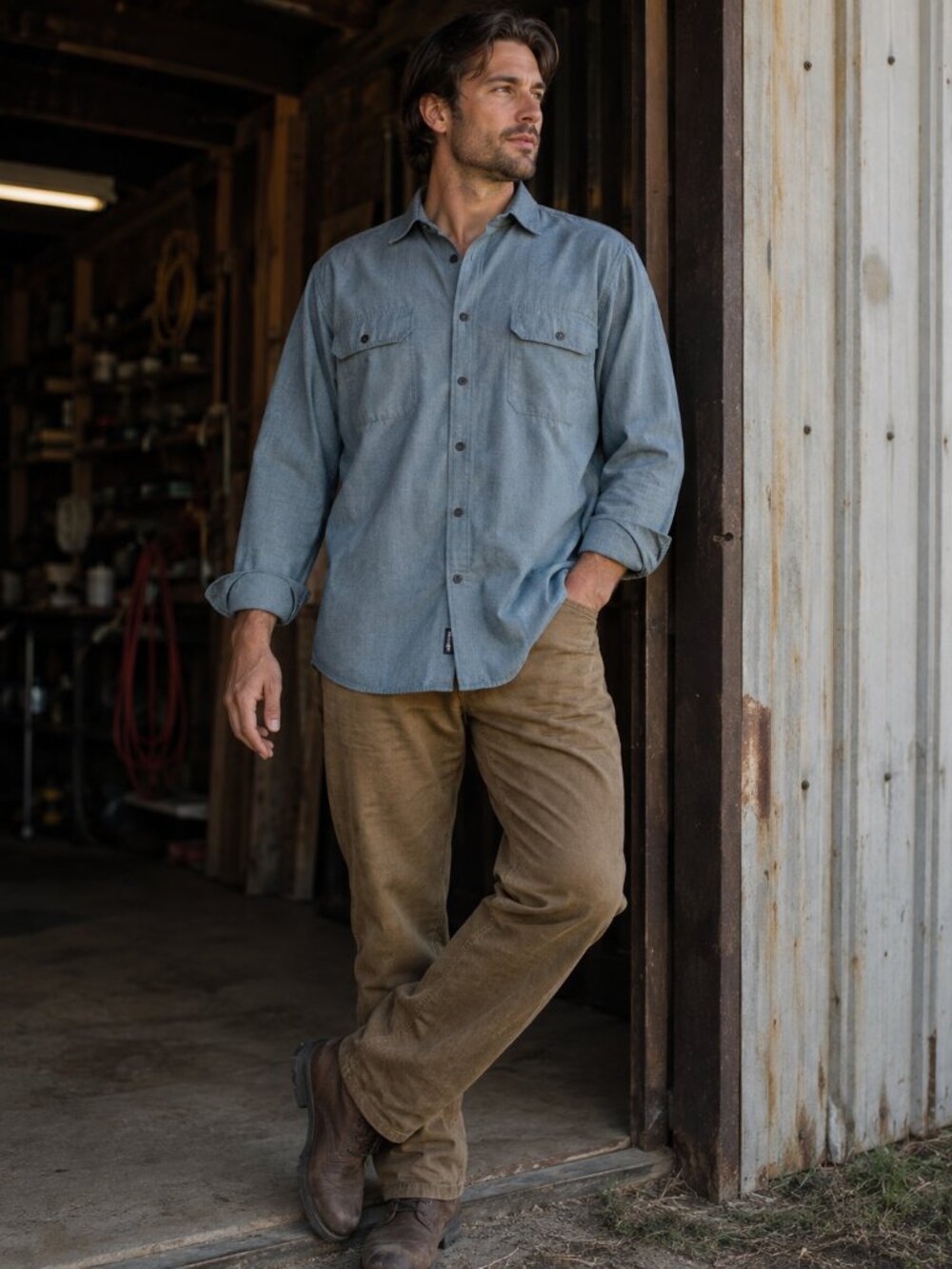 KEY Blue Chambray Long Sleeve‎ Work Shirt Men's XL Tall Cotton